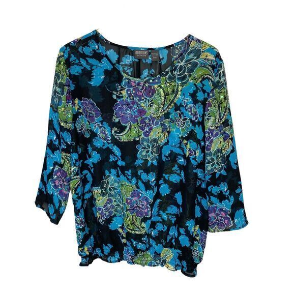 CHICOS Additions by Size 2 US L Floral Print Sheer Chiffon Top Sequin Bead Trim - Picture 3 of 7